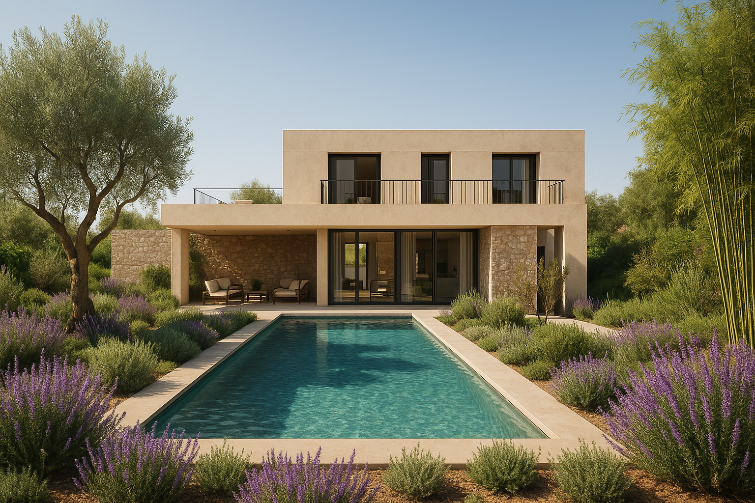 Promoción contemporánea de casas de lujo en Mas Alba de arquitectura moderna con vistas panorámicas de la costa de Sitges